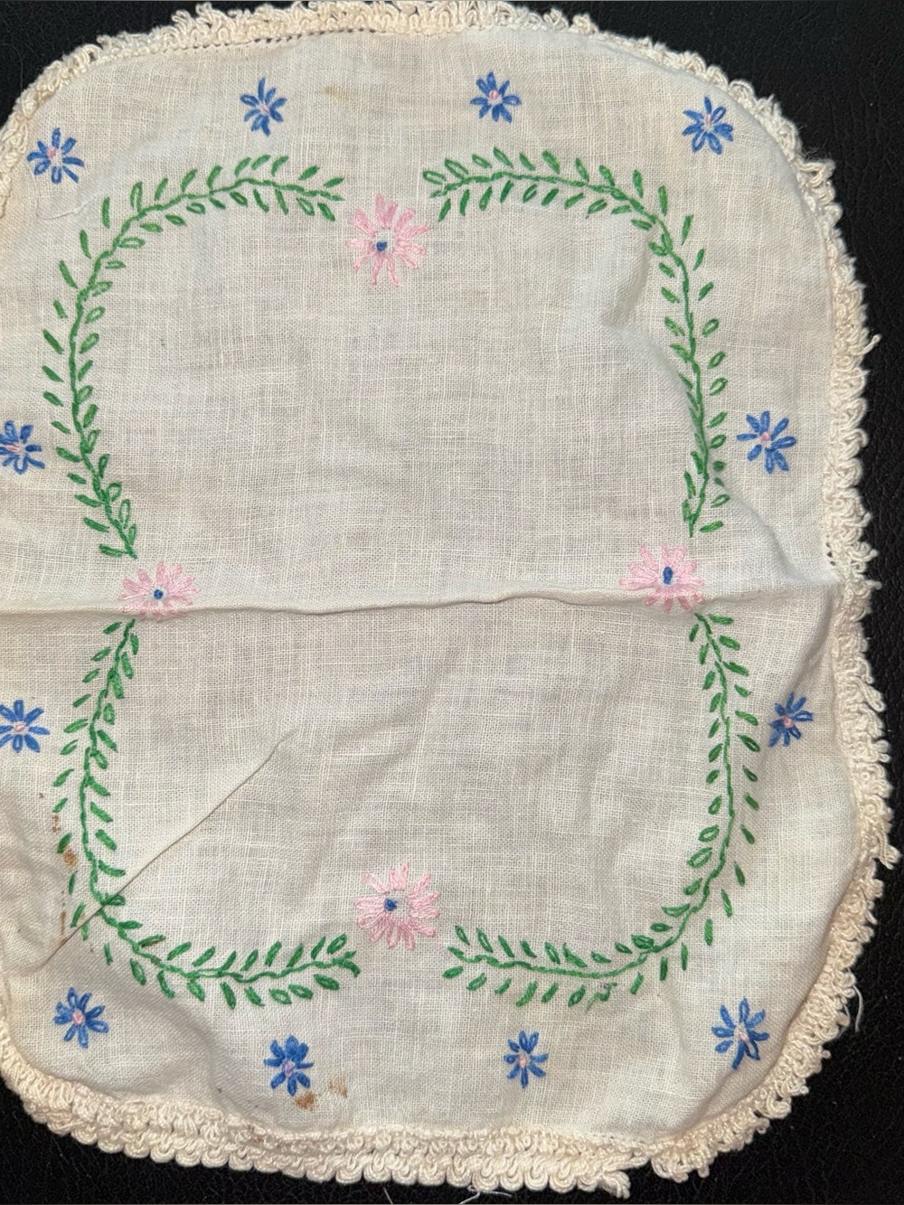Hand-Embroidered Floral Linen Doily in Pink, Blue & Green